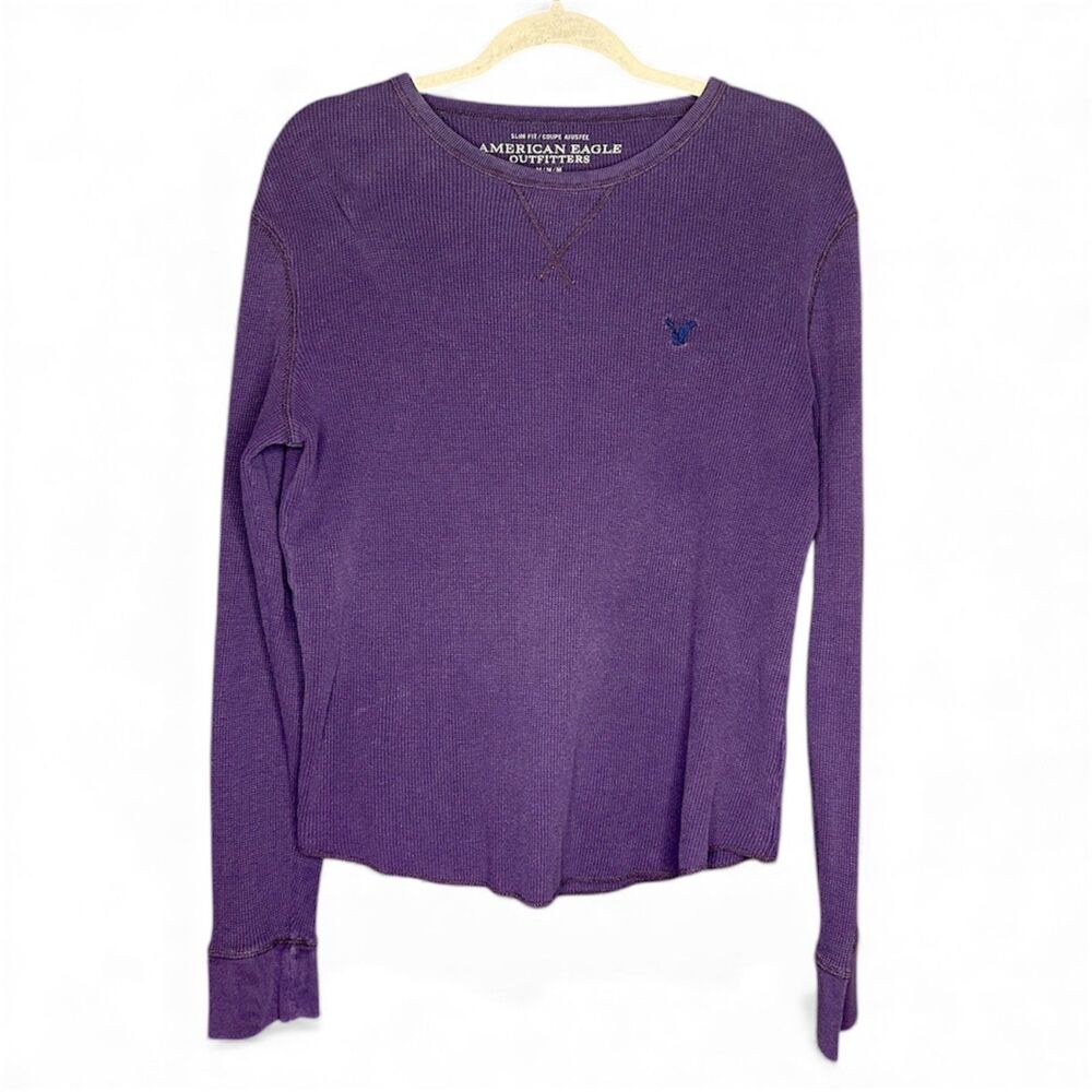 American Eagle Mens Purple Waffle Thermal Sz M Y2K Long Sleeve Slim Fit‎ Cotton